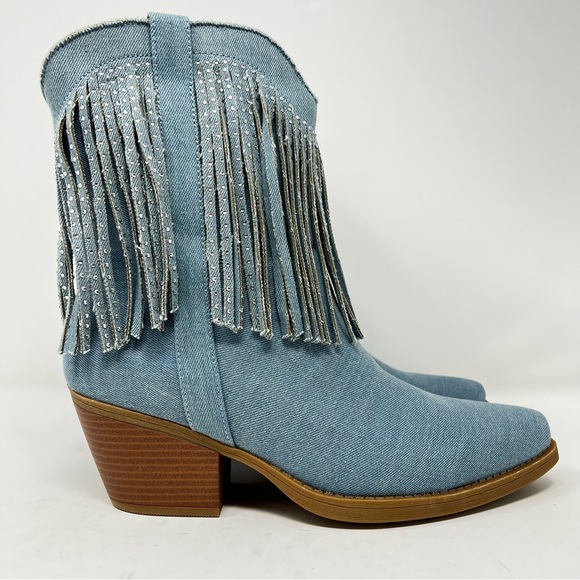 Sugar Light Blue Fringe Ankle Boots - Picture 3 of 11